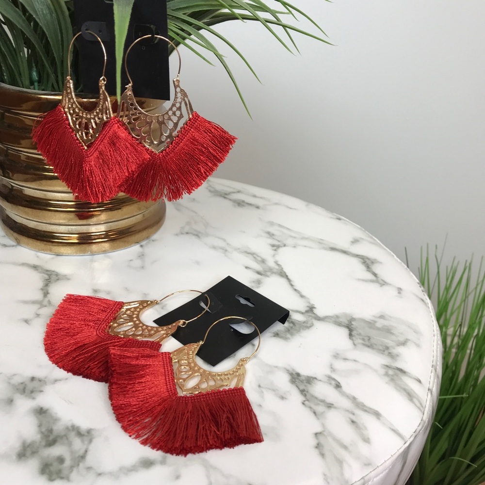 ‼️ Brick Red Thread Fan Earrings Boho Chic Gold - Picture 4 of 8